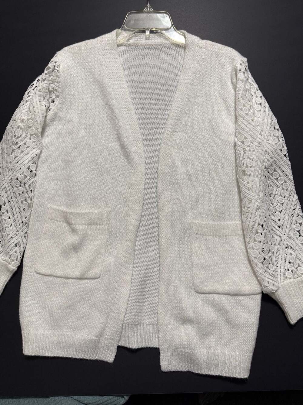 Torrid Open Front Cardigan White With Lace Sleeves and Pockets